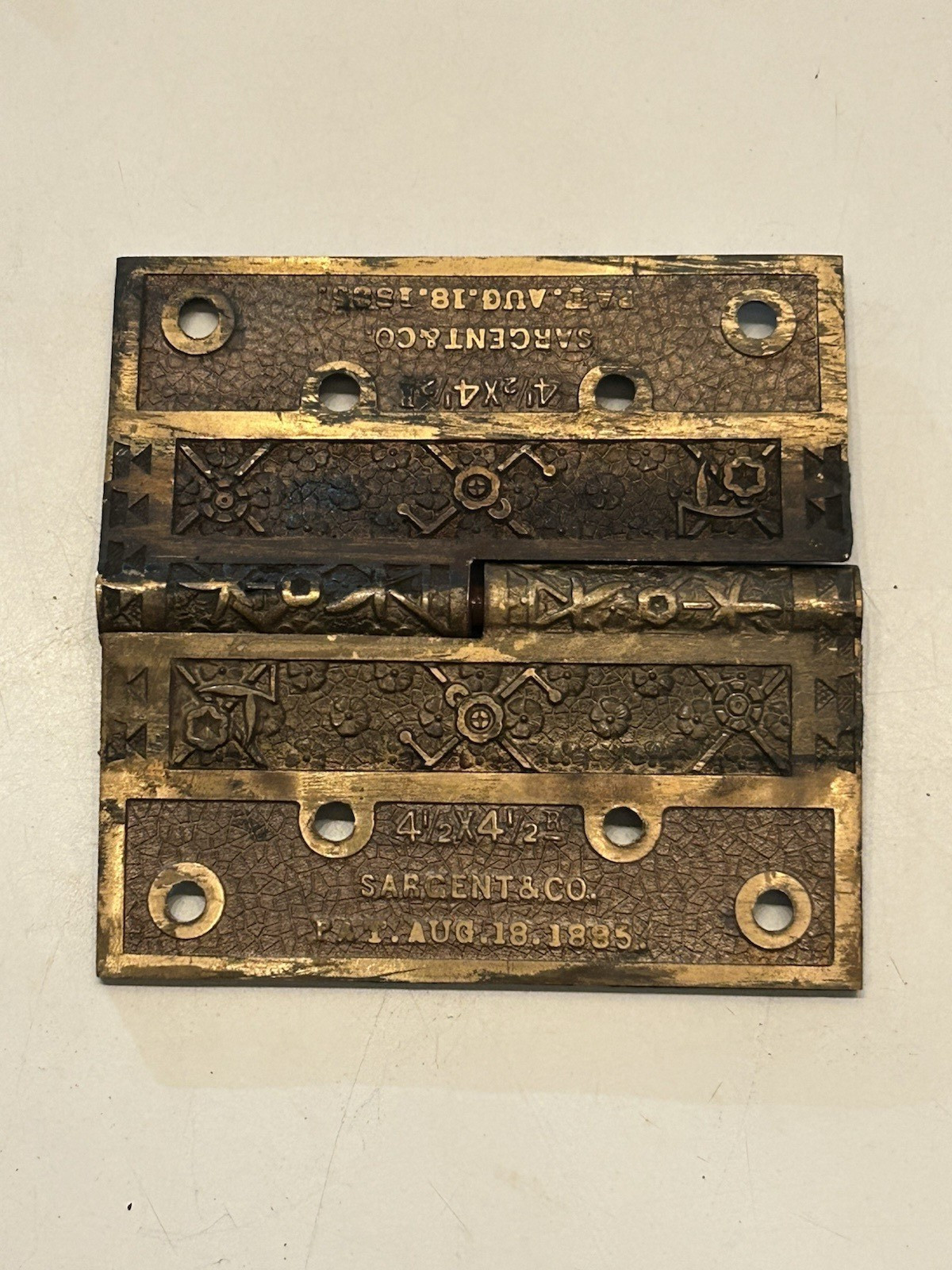 Antique Vintage SOLID Brass Sargent 4-1/2 X 4-1/2 Inch Door Hinge Pat. 1885
