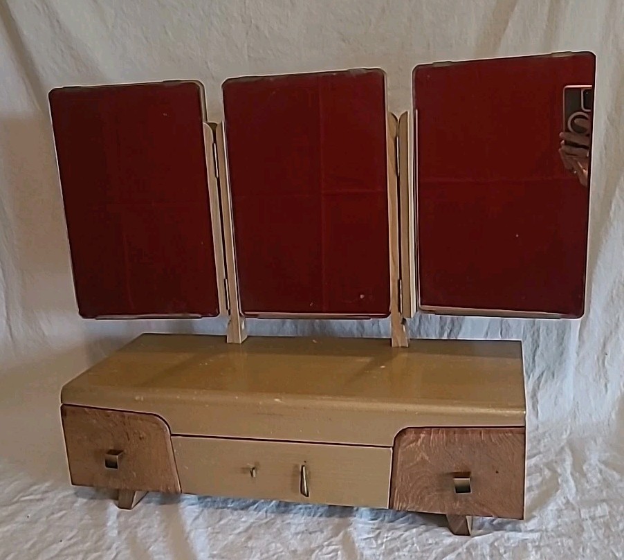 Vintage MCM Wooden Vanity Case Tri-Fold Mirrors Table Desk Curio Art Deco Flaw