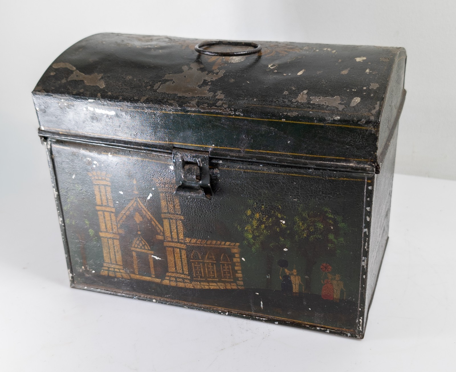 Antique American Primitive Rustic Toleware Dometop Document Box Church Figures