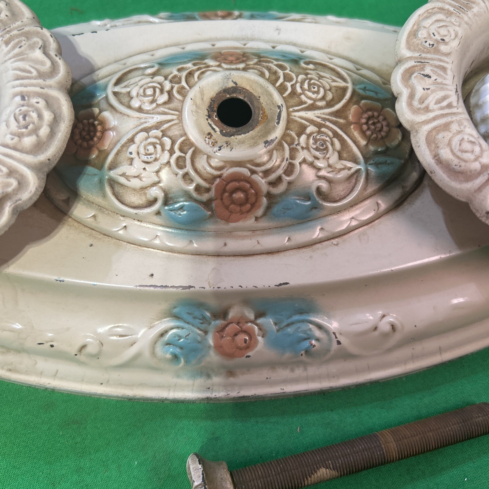Victorian ANTIQUE LIGHT FIXTURE Pressed Metal 12×6 Ceiling 2 bulb Art Deco ￼