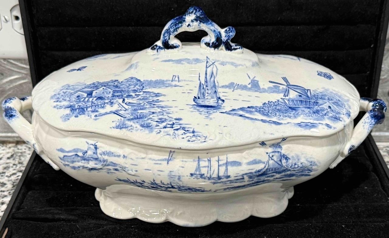 Staffordshire Blue & White WINDMILL + RIVER Transfer Covered Vegetable Tureen