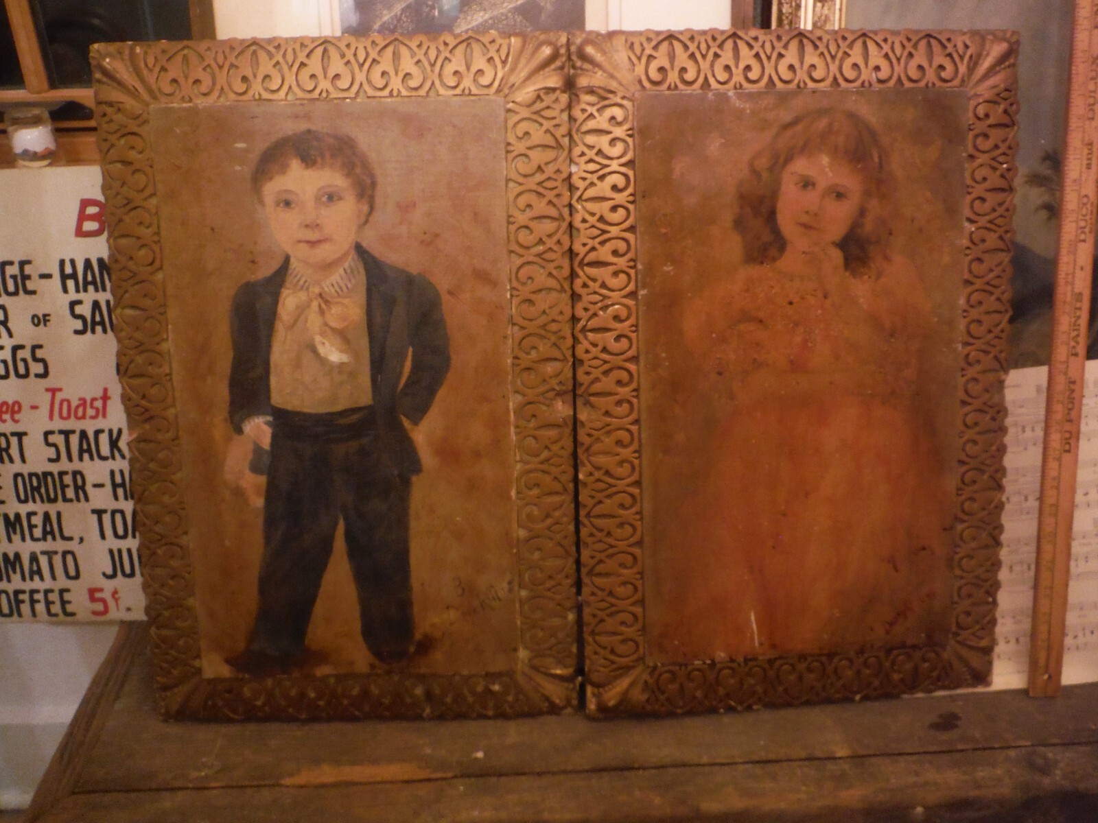 MATCHING PAIR 1800’S FOLK ART PRIMITIVE PORTRAITS BOY AND GIRL OIL PAINTINGS