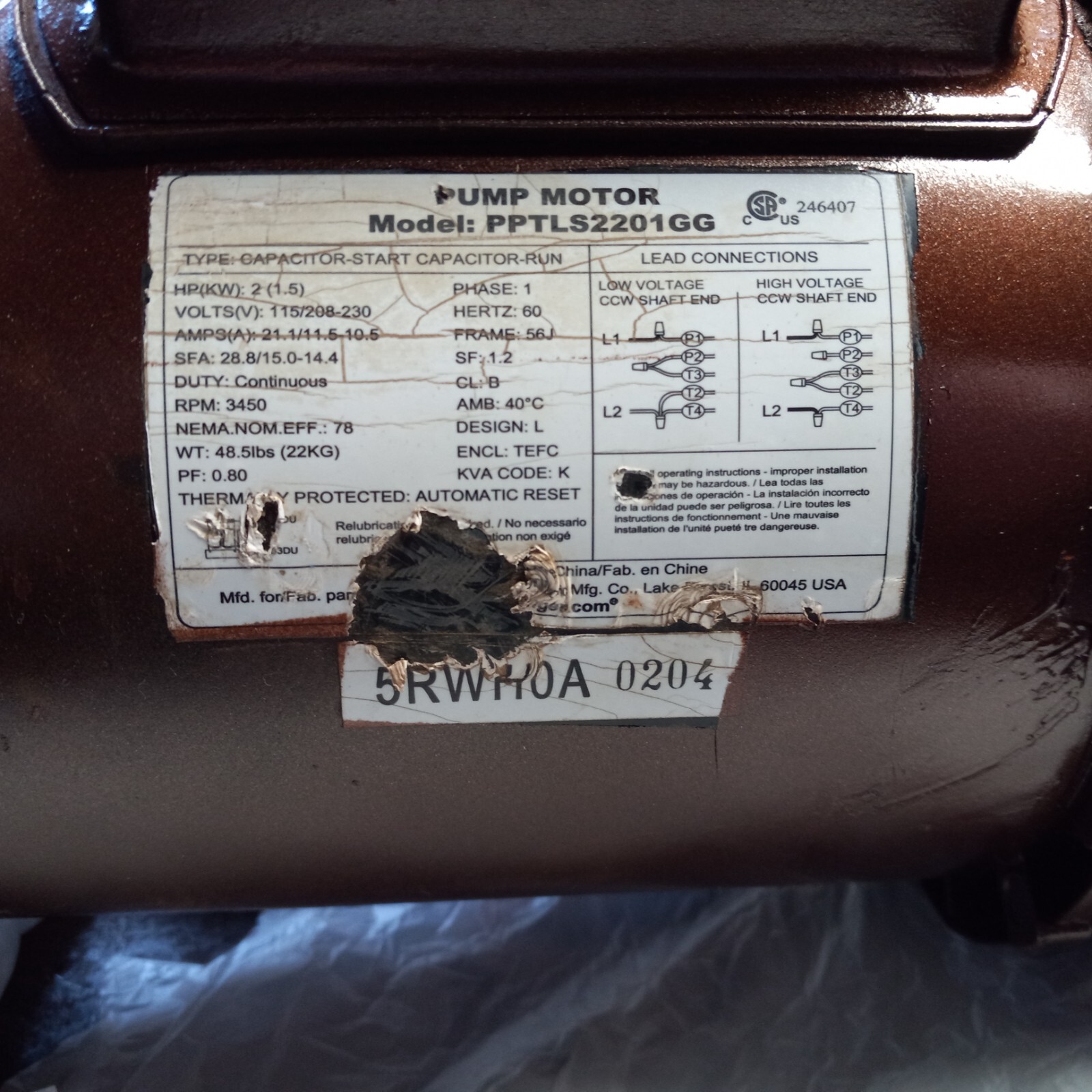 AC single-phase 2HP pool/pump motor 230/120v