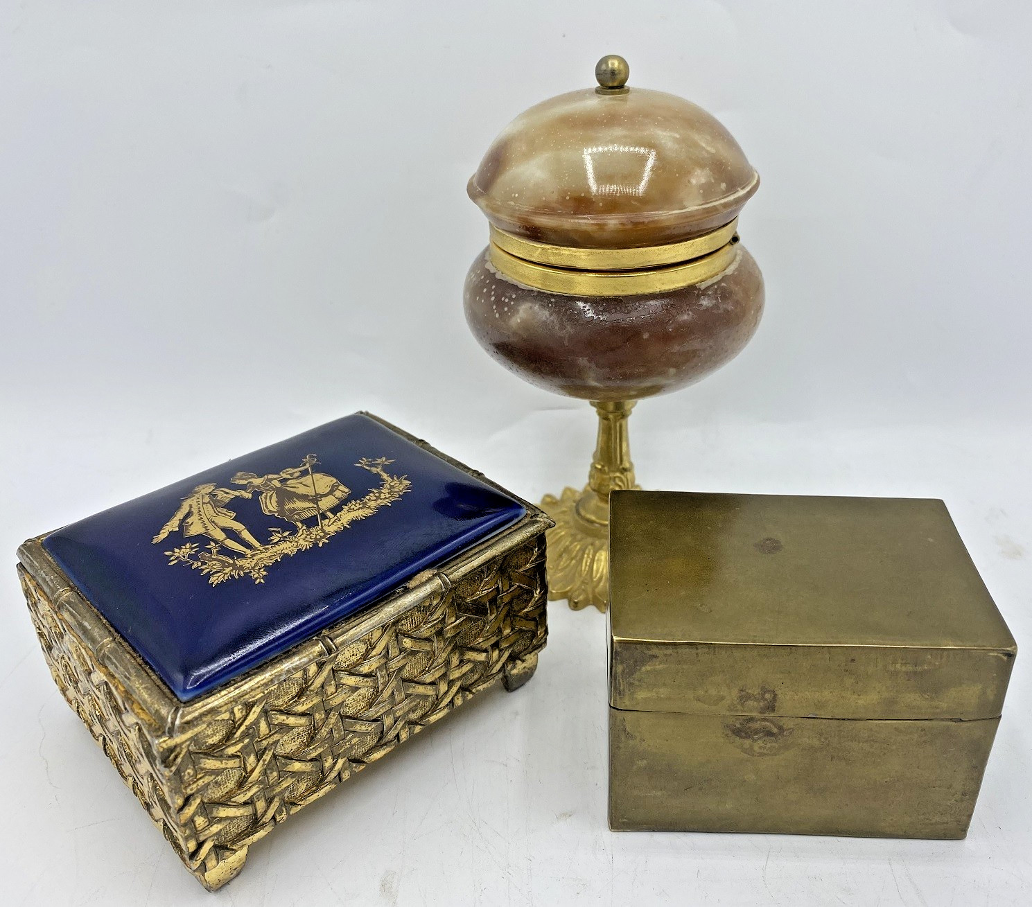 3 vintage jewelry boxes lot Mid-1900’s brass gilded metal marble