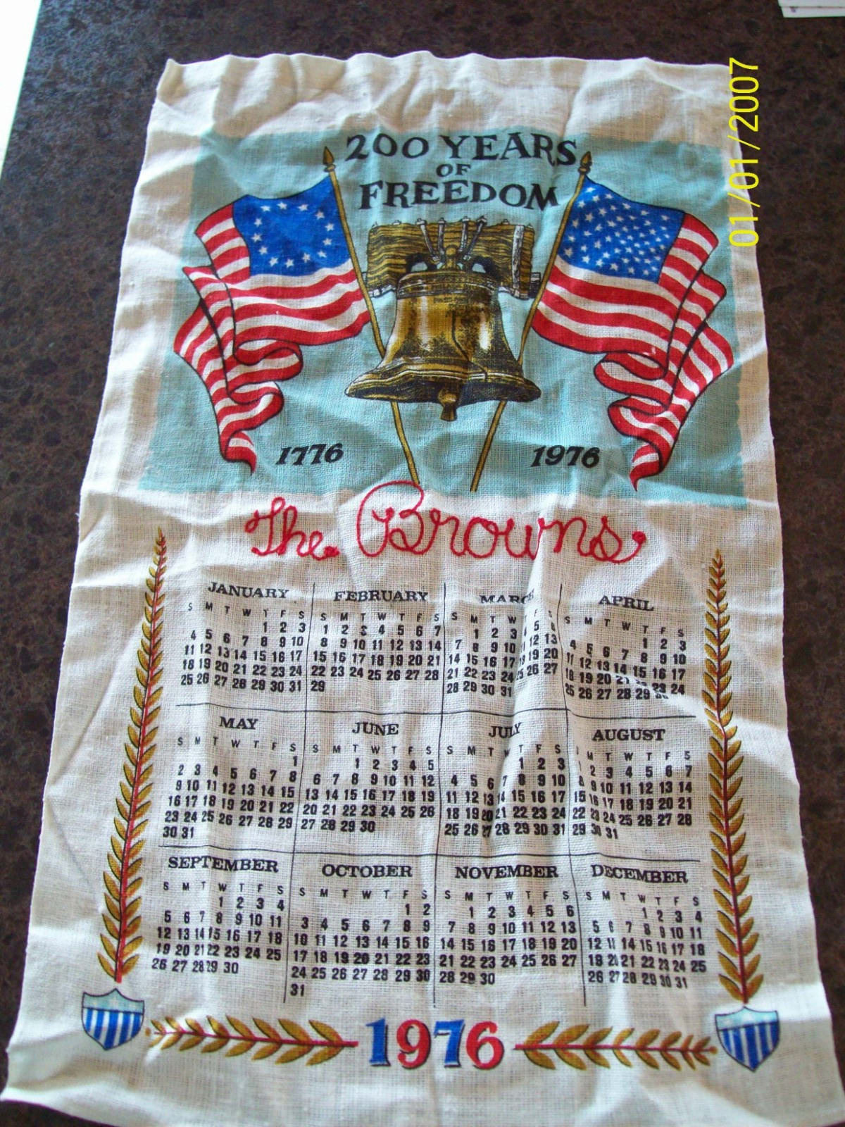 Hanging Tapestry Calendar 1976 Bicentenial personalized THE BROWNS