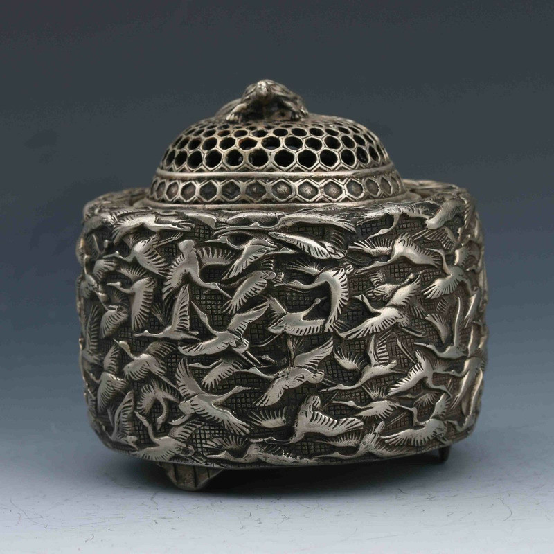 Antique Chinese Silver Bronze Handmade Crane Incense Burner Retro Collection