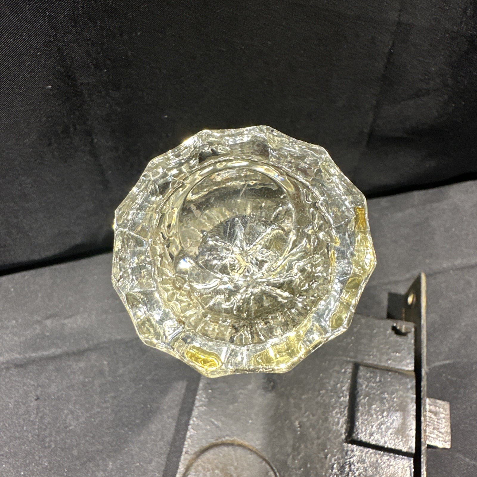 Antique Art Deco Door Hardware Set 12 Point Faceted Glass Doorknobs Brass Plates