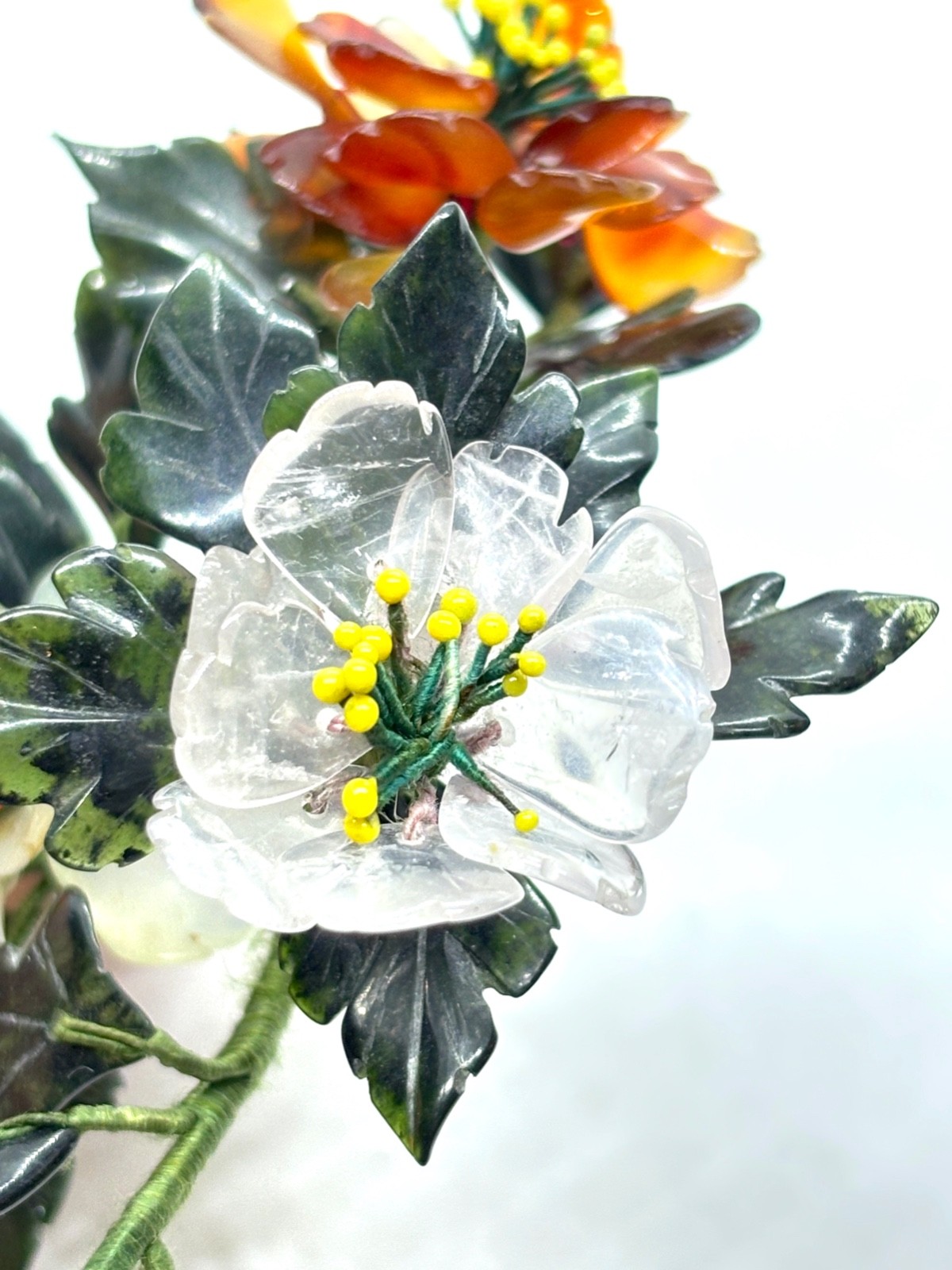 Vintage Branch Of Chinese Carved Gemstone Leaves/Flowers Jade Bonsai Tree