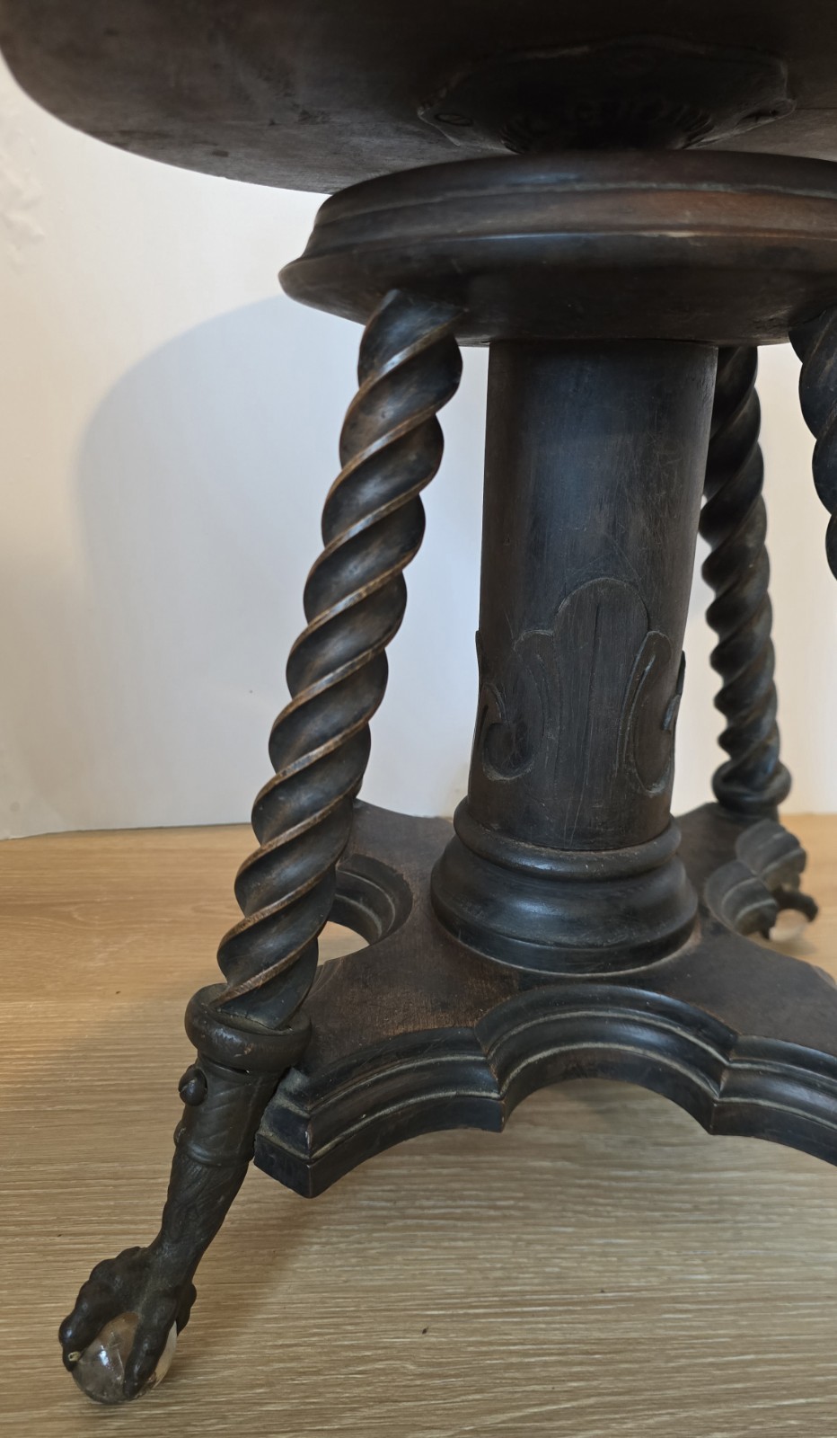 DWN•Vintage Antique TONK Wood Piano Stool Adjustable Height Claw Glass Feet