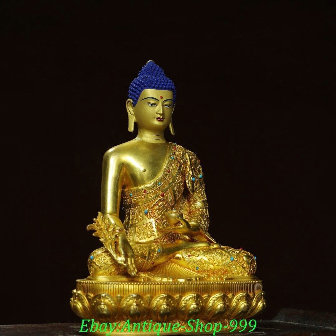 13″ Old Tibet Copper Painting Gilt Gems Menla Medicine Buddha Medical God Statue