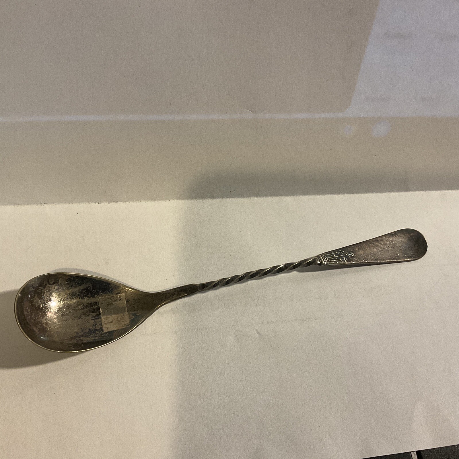 VINTAGE N.F. NICKEL SILVER CO Olive Salt Spoon Twist Pattern 5 1/4″ 1877