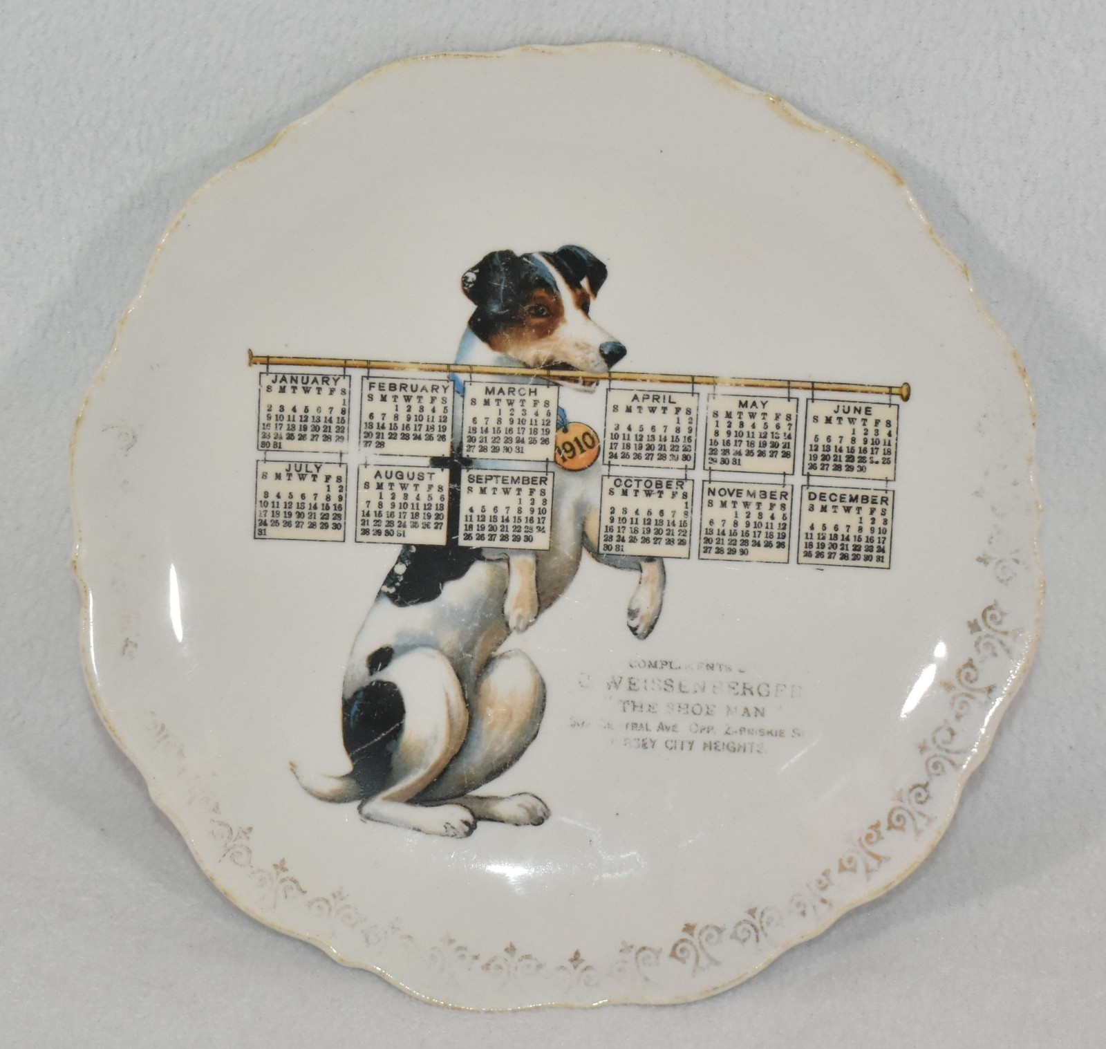 1910 Antique Calendar Plate with Dog