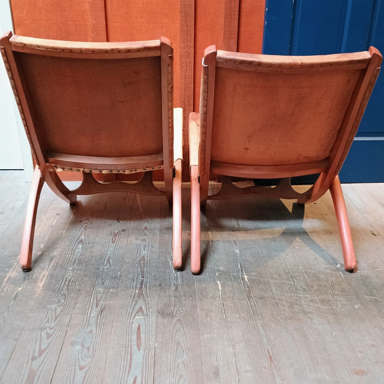 Vintage MCM Tooled Leather Folding Safari Chairs Aztec Mayan Sun God Pair
