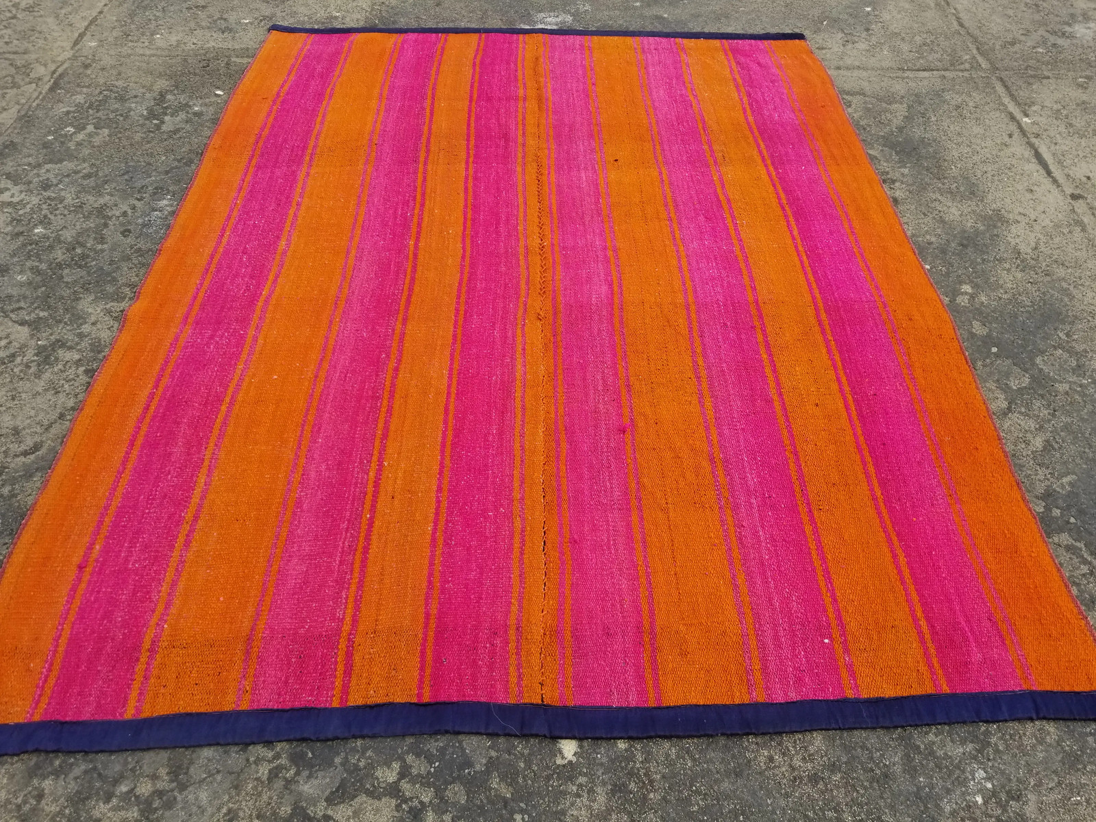 Vintage Traditional Handmade Striped Neon Pink & Orange Wool Kilim 5.5×4.3 ft