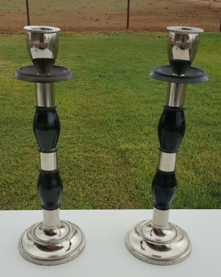Vintage Pair of Metal -Nickel? Candle Holders Candlesticks w Black inlay 10.75″