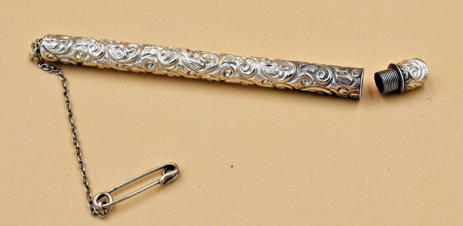 Victorian PATTERNED STERLING SILVER PENCIL HOLDER w/Pin Chain