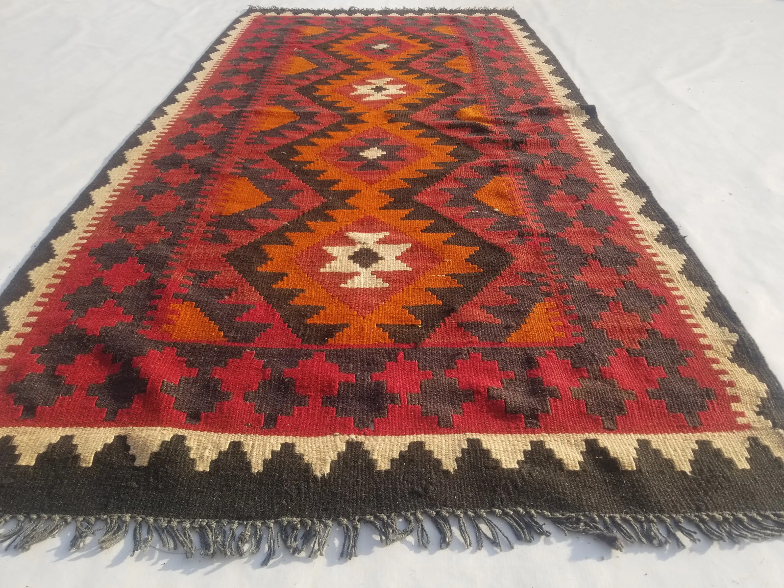 Vintage Traditional Handmade Turkish Wool Multicolor Kilim Rug 6.7×3.2ft
