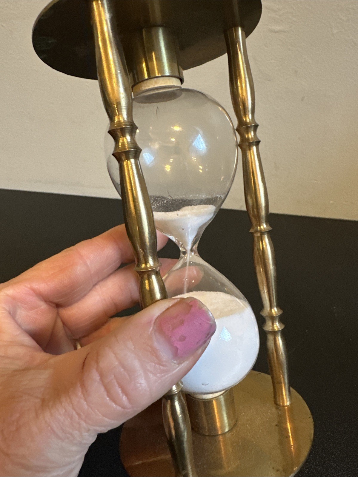 Vintage Gold Tone Brass Hourglass Timer Penco? Decorative Brass Glass White sand