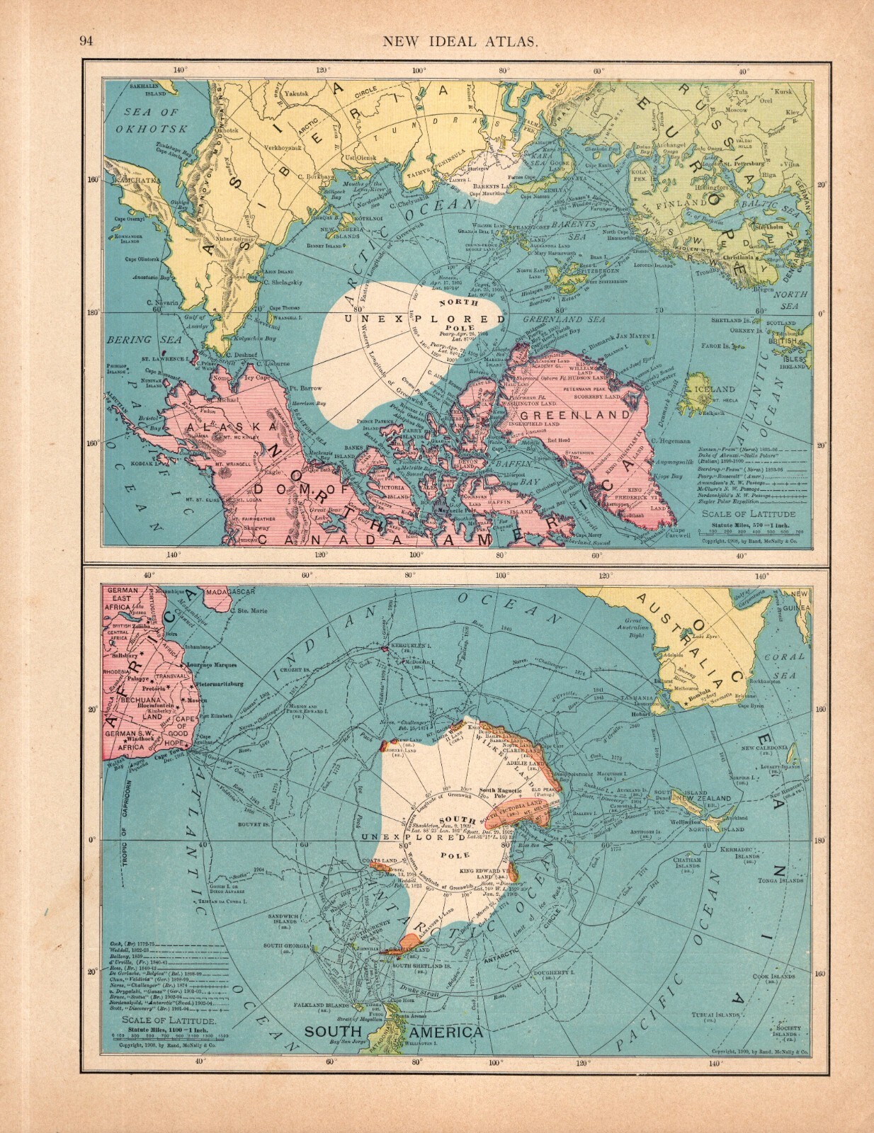 1908 Antique North Pole Map South Pole Map Polar Regions Discovery Map 2100