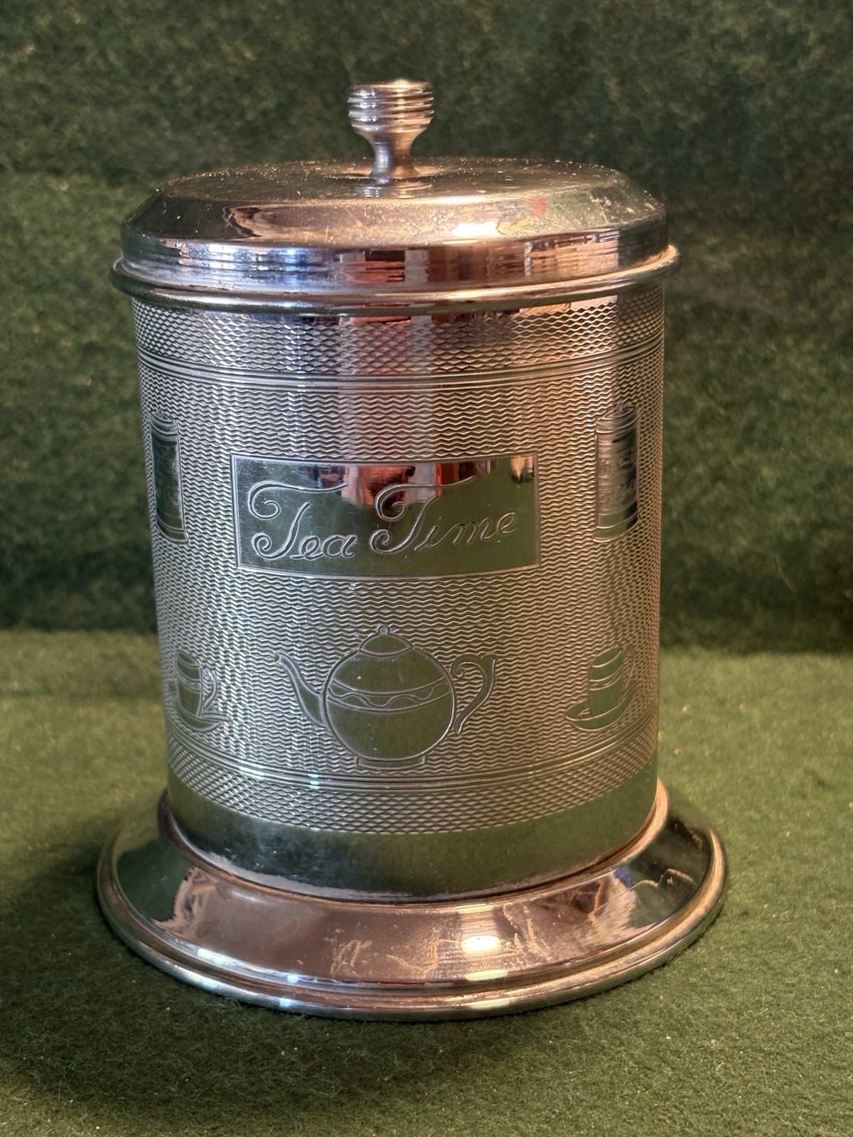 Vintage Tea Time Tea Caddy Chrome Plated & Engraved 4-1/2″ Tall