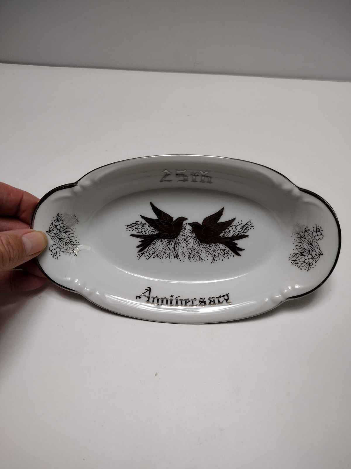 25th Silver Anniversary Dish With Silver Doves 8.5″X5″X1.5″ Good Condition X-445