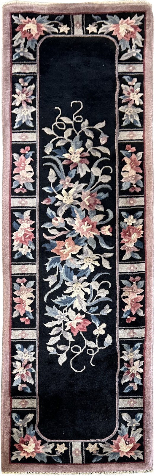 2×8 Antique Art Deco Chinese Runner Floral Black Rug Rug 69cmx249cm