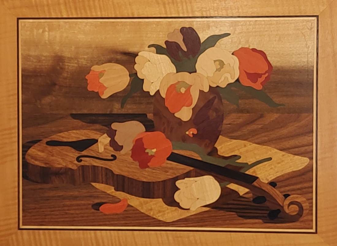 HUDSON RIVER INLAY PICTURE – FLORAL RHAPSODY – WOOD MARQUETRY – 19 X 24