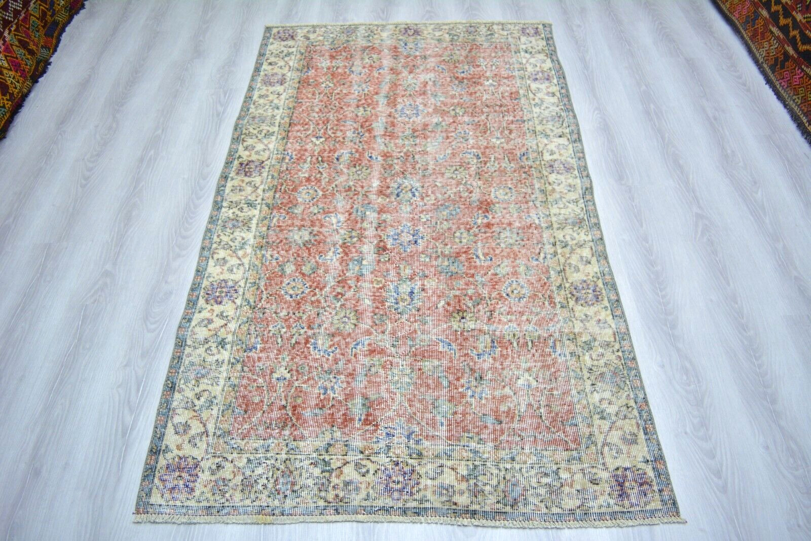 Red Bordered Turkish Vintage Rug, 3.4×6.5ft, Red Antique Handmade Floral Rug,