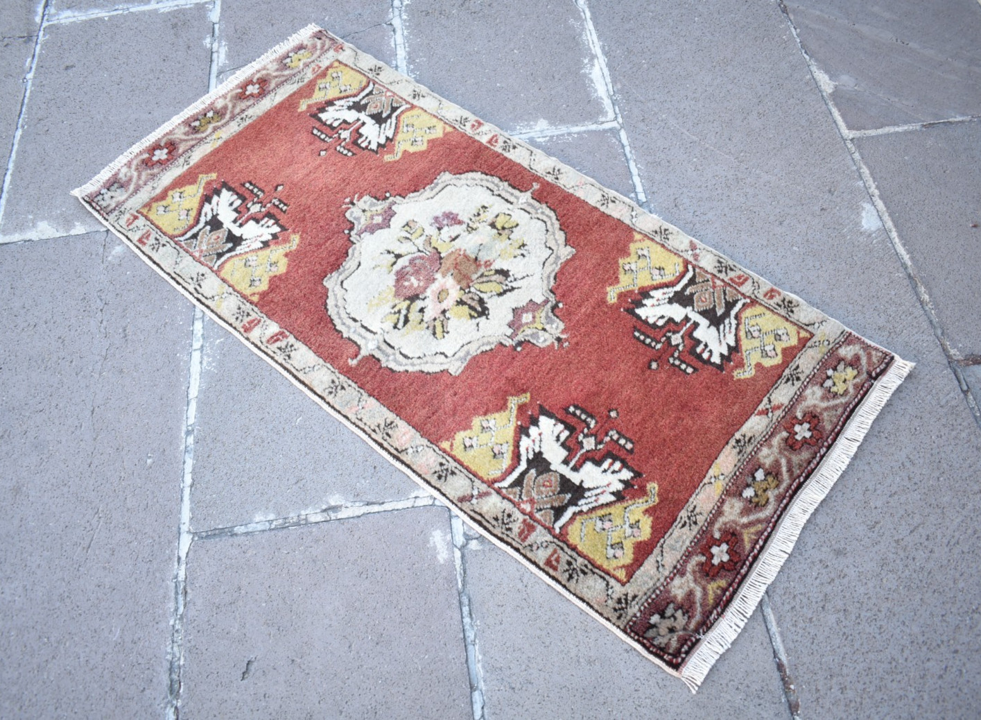 Turkish Rug 19” x 41” Vintage Hand-knotted Oushak Rug Muted Dye Small Wool Rug
