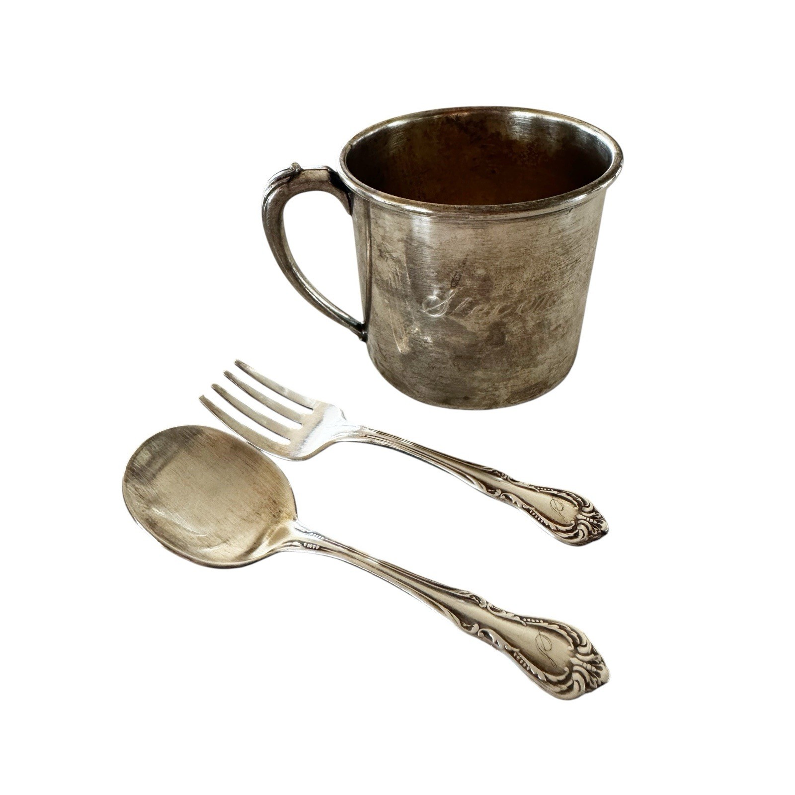 Vintage Oneida Silver Plated Primary Set Child’s Cup, Baby Spoon and Fork STEVEN