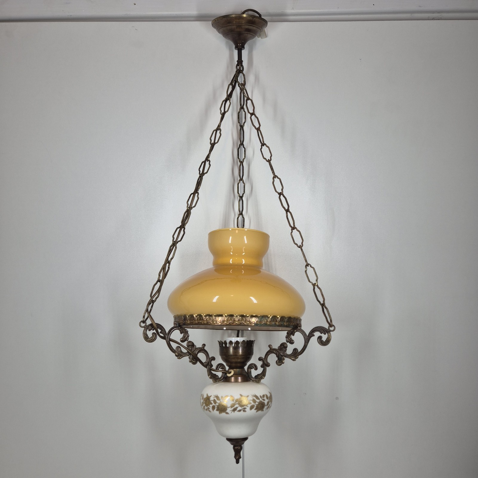 Antique Gorgeous Ceiling Lamp Belge Glass Shade Brown Yellow Brass Ornate !!