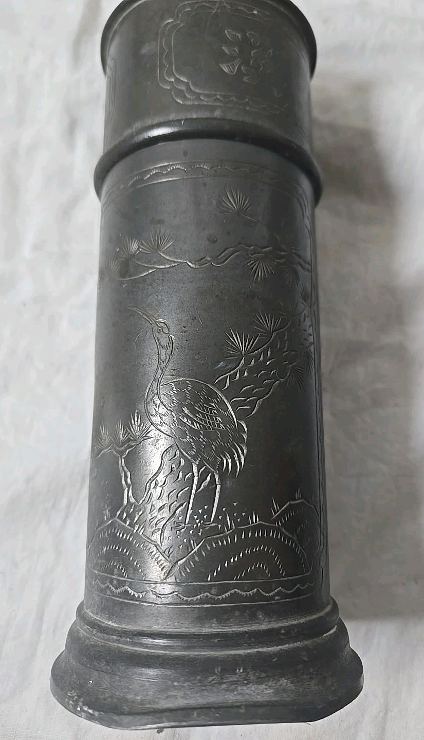 RARE 70s Japanese Pewter Canister Tea Jar Etched Herons Prosperity Inscriptions