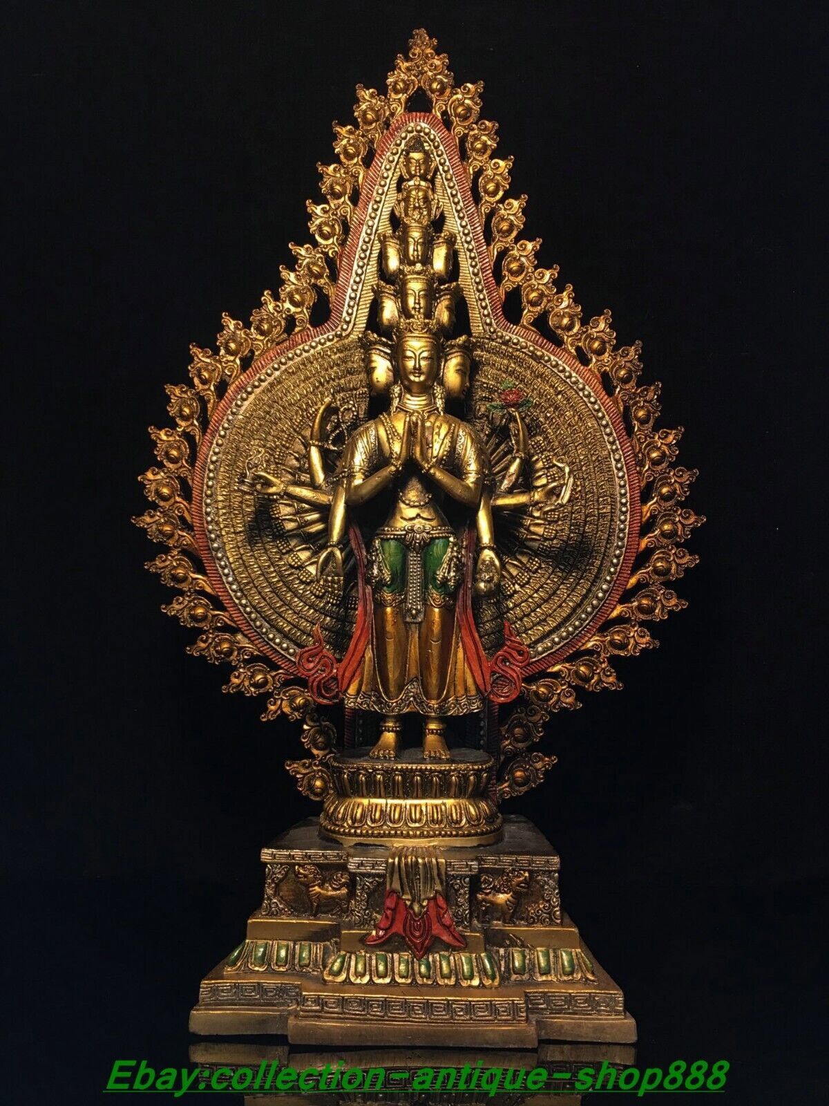 39 cm Old Tibet Bronze Gilt Buddhism 1000 Arms Avalokiteshvara of Goddess Statue