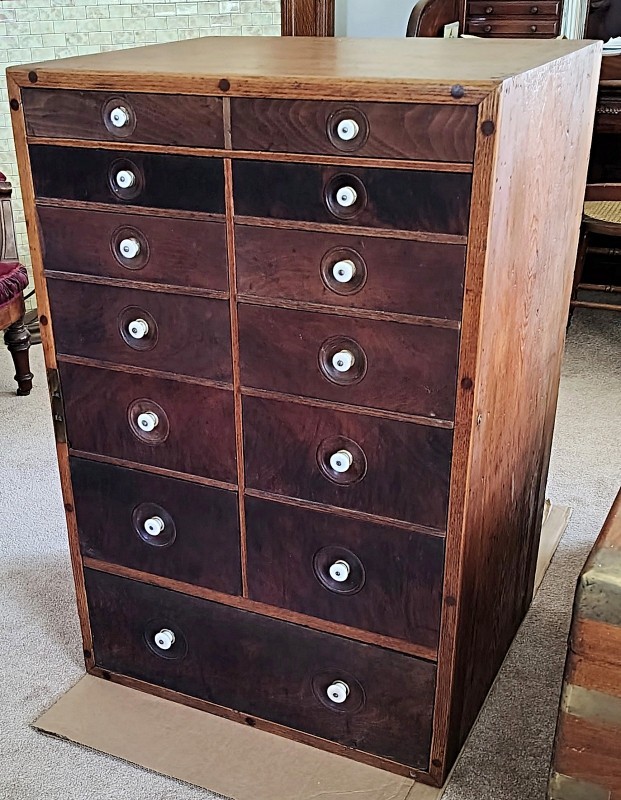 RARE Antique Printer Document Parts Photo Cabinet 12 Drawers Porcelain Burl Wood