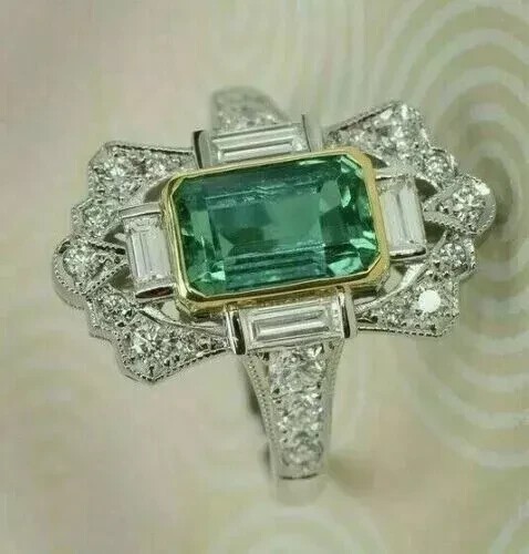 Art Deco Style 3.45Ct Lab-Created Emerald & Diamond Ring 14k White Gold Finish