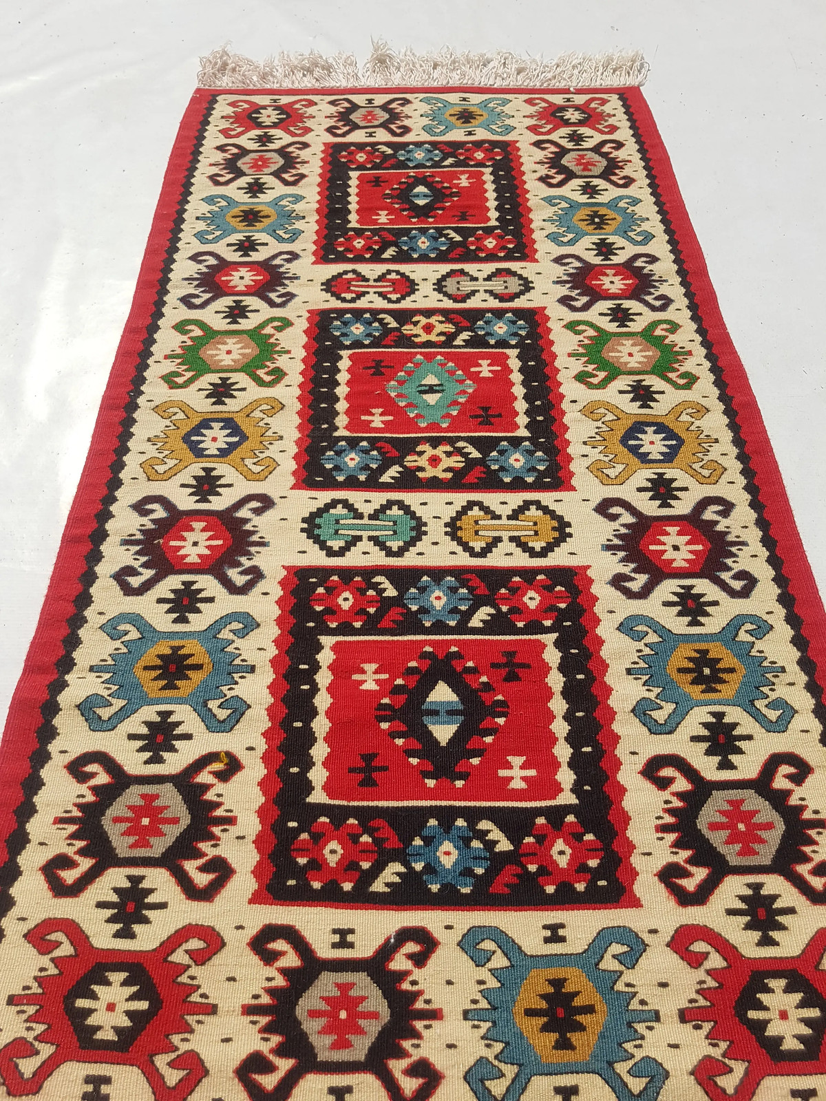 Vintage Traditional Handmade Turkish Wool Red Kilim 4.7×2.4ft