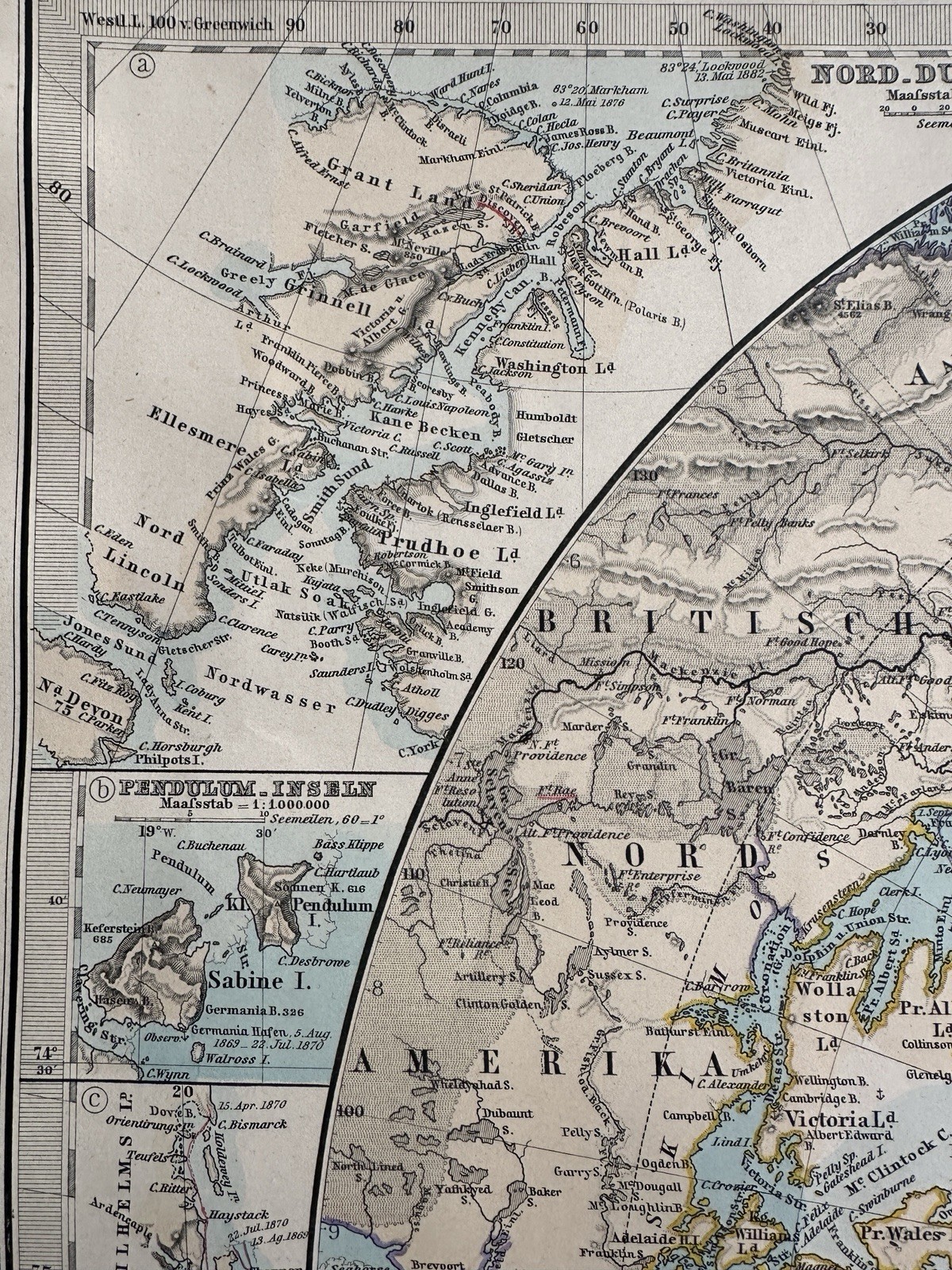 North Pole explorers routes shown 1890 Berghaus very detailed Stieler map