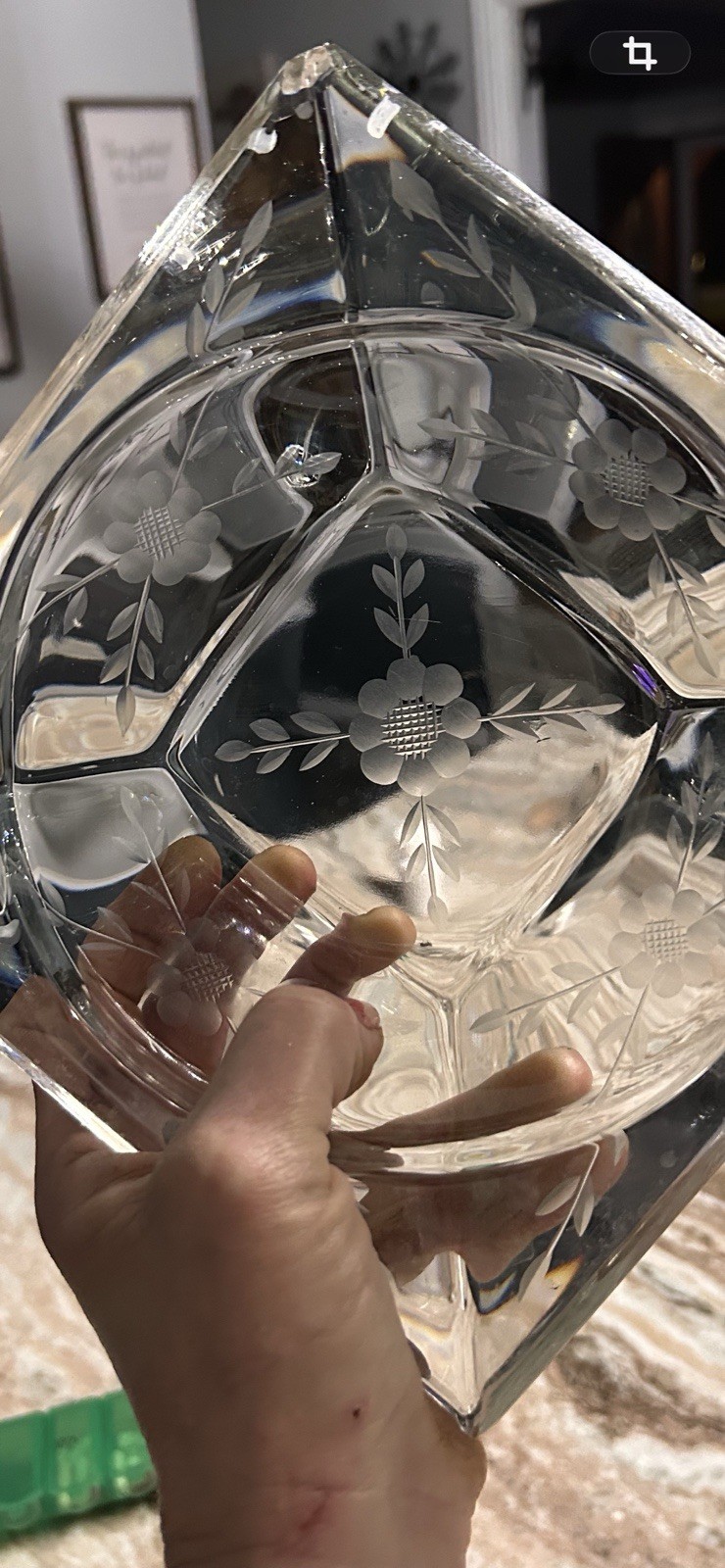 Crystal vintage Square Etched Flowers and leaflets on dish and top Box