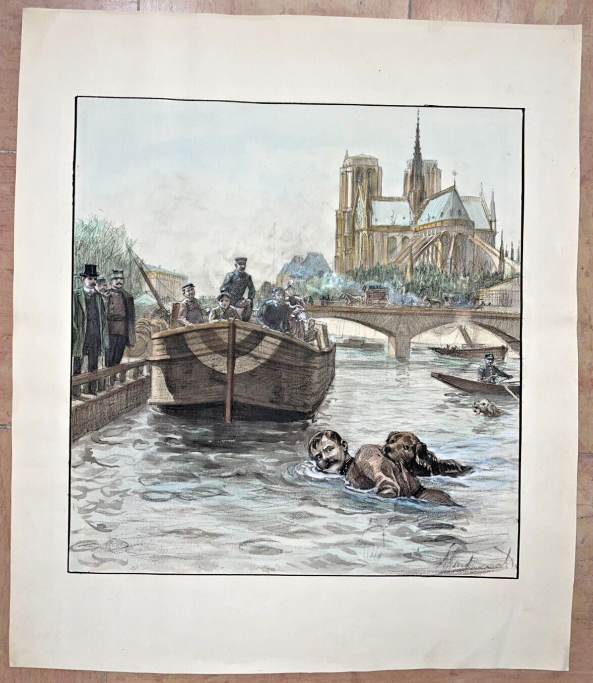 PARIS NOTRE DAME HAND MADE VIEW 19TH CENTURY LARGE ORIGINAL- FRANCE
