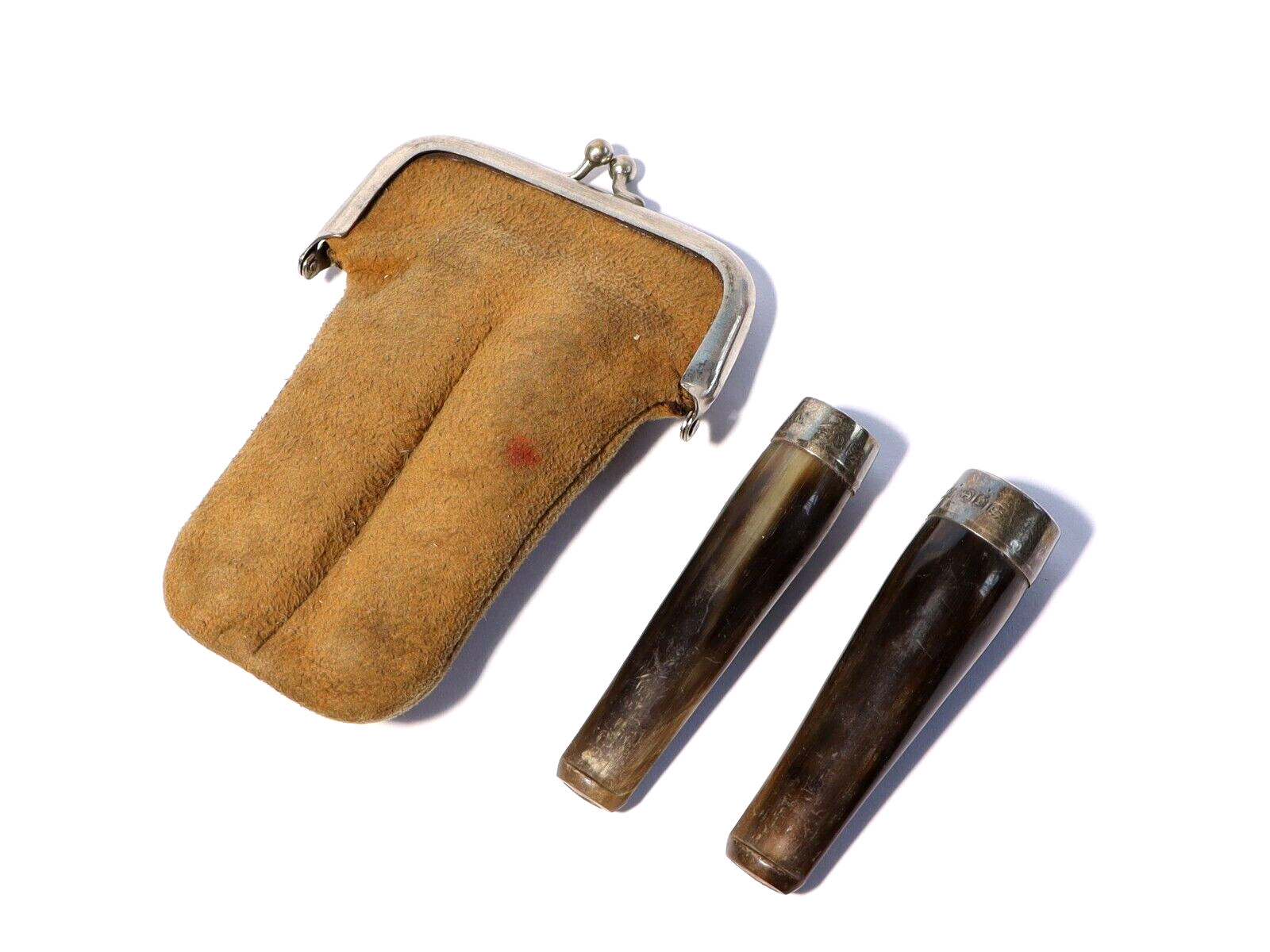 2 x 1895 Sterling Silver Antler / Horn Cheroots Cigarette Holders in Suede Pouch