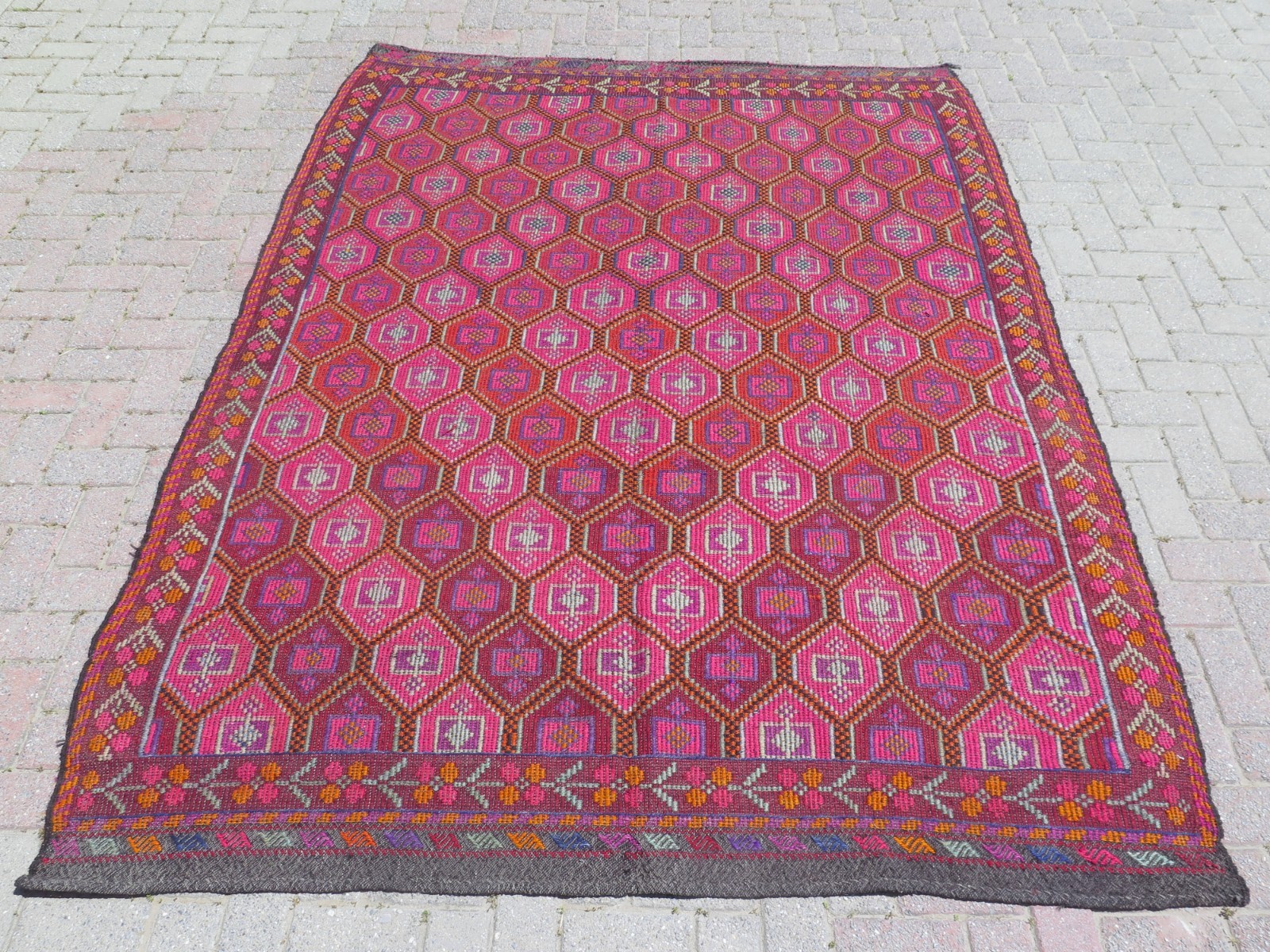 Turkish Kilim, Embroidery Wool Large Rug, Pink Color Handmade Carpet 75″x108″