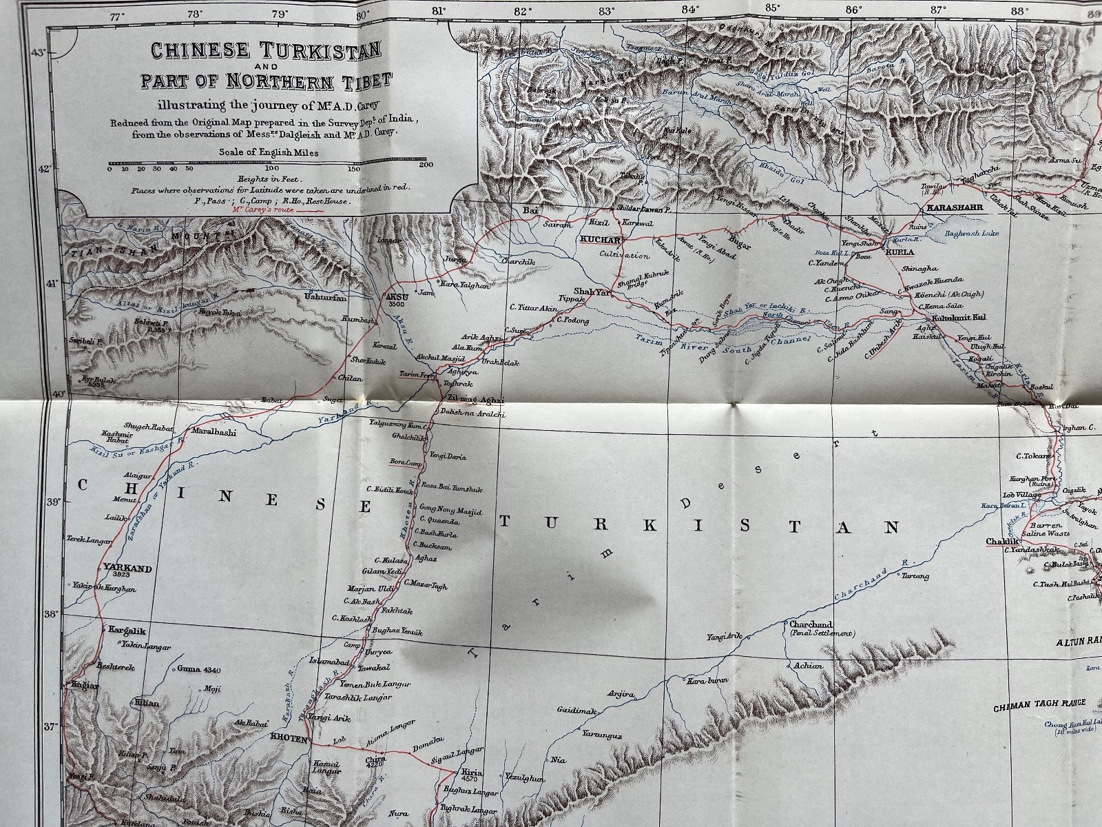 Antique map of Chinese Turkistan part of Northern Tibet China 1887