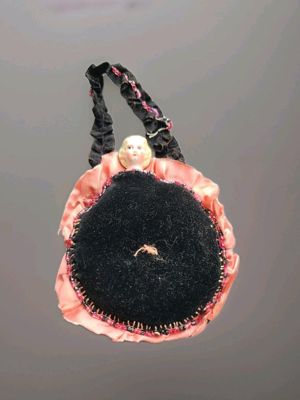Antique Victorian Style Doll Head Pin Cushion Pink And Black