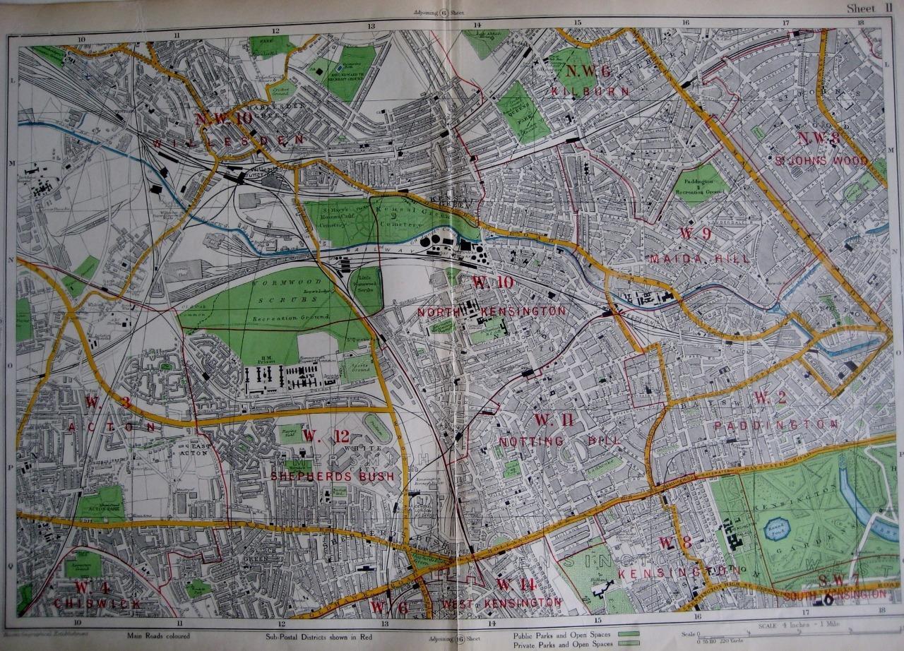 LONDON KENSINGTON NOTTING HILL ST JOHNS WOOD LORDS LARGE SCALE MAP BACON c1928