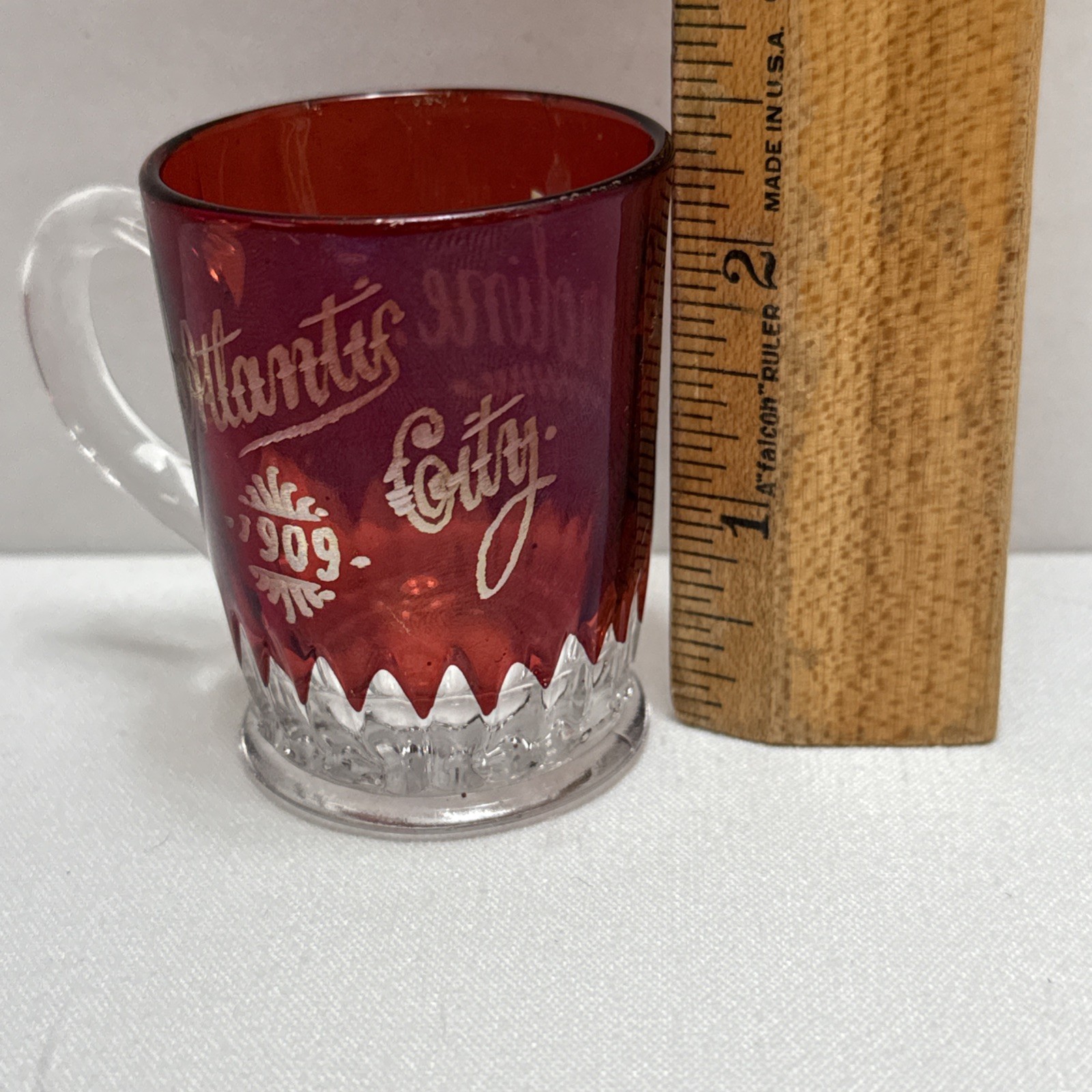 Antique Atlantic City Ruby Red Flash Stain Glass Mug 1909 Souvenir CAROLINE