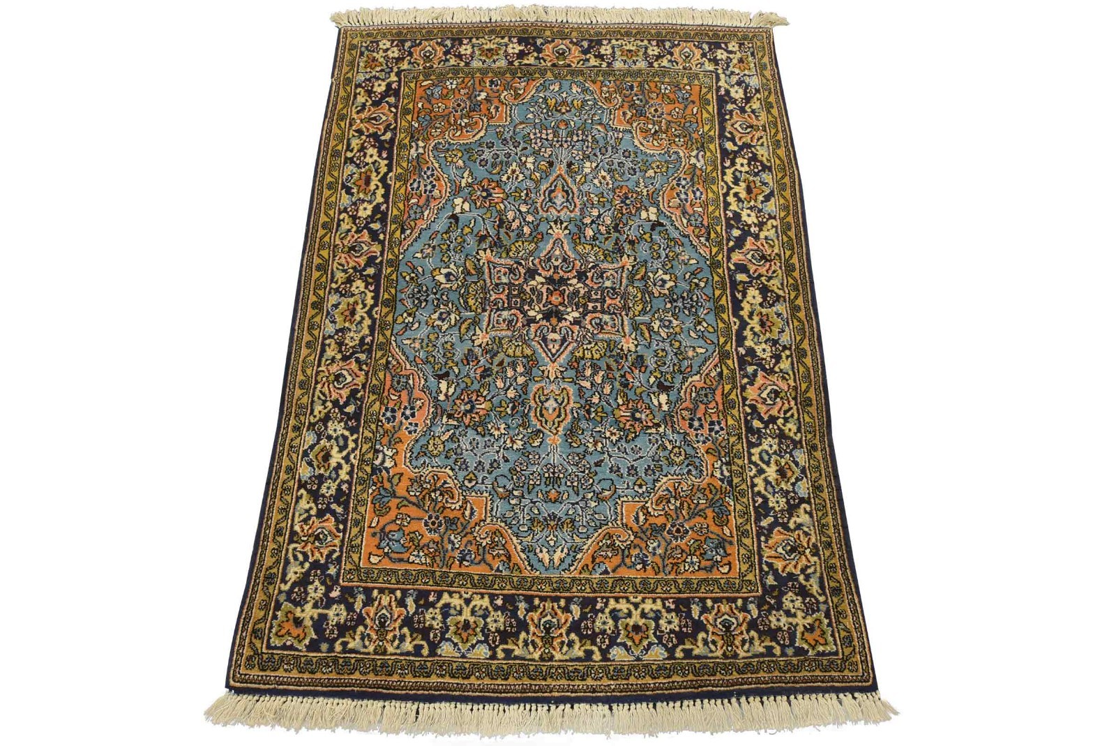 Qomi Rug 3’7” x 5’3” Blue Wool Vintage Traditional Hand-Knotted Carpet