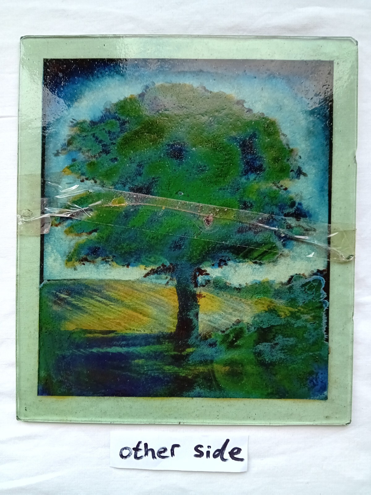 Hand painted tree scene pane for a stained glass leaded window (broken). RH030