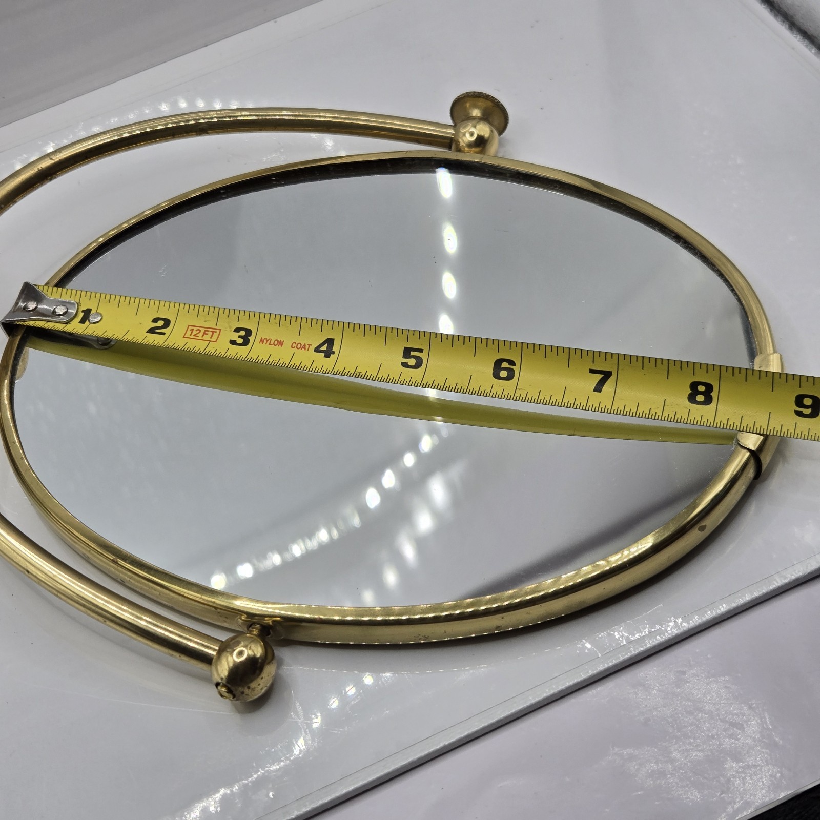 Vintage 1970s Golden Brass Round Vanity Pedestal Double Sided Mirror 13″H 8″W