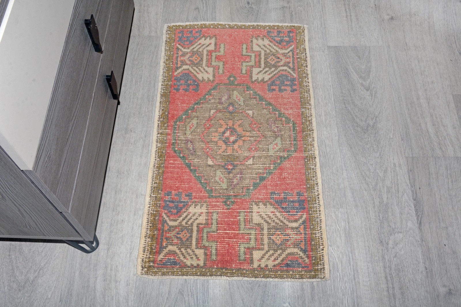 Vintage Turkish Oushak Rug 1’7×3’1 ft, Red Green Geometrical Modern Rug