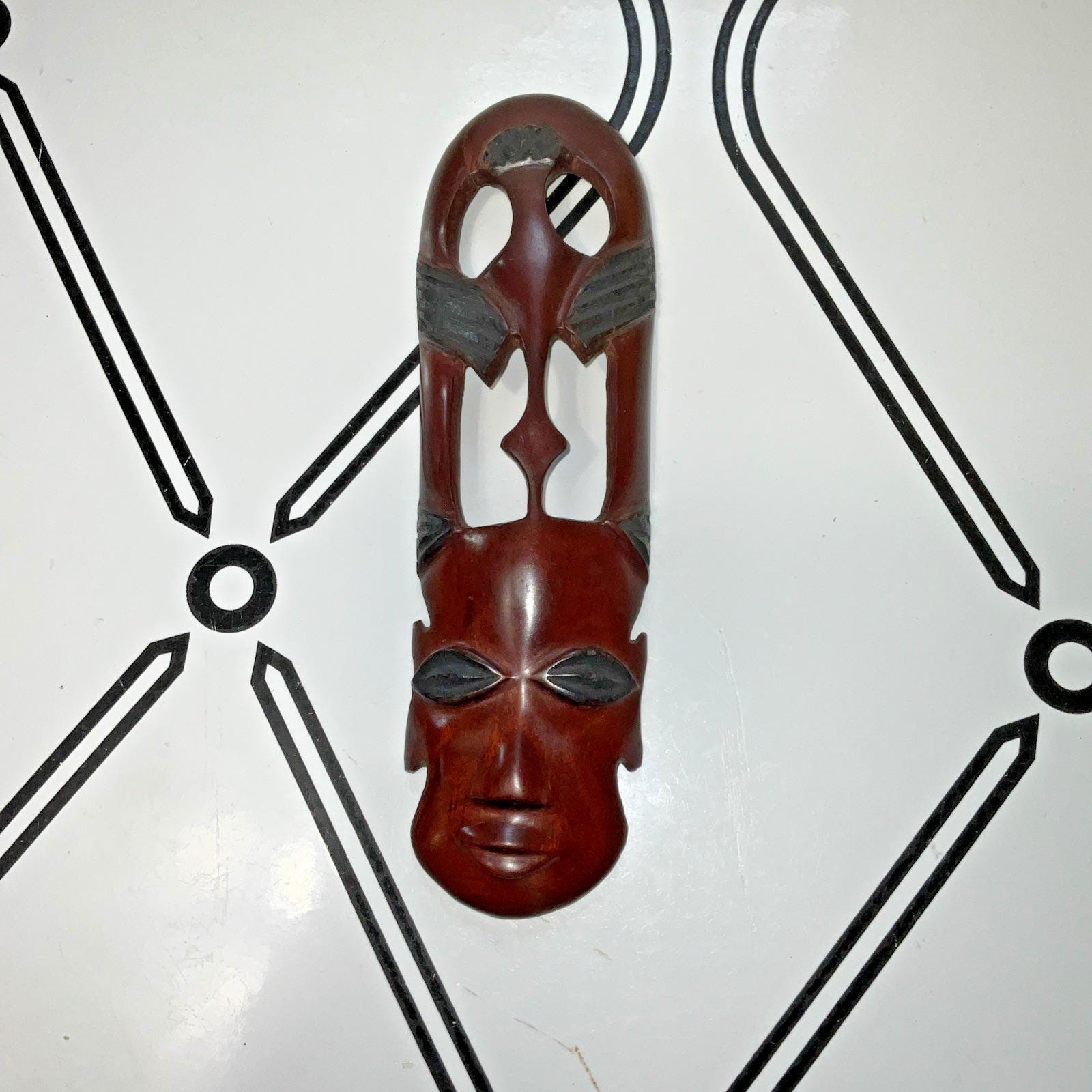 Hand Carved African Style Wooden Mask Wall Decor Red Brown Openwork Long Mask